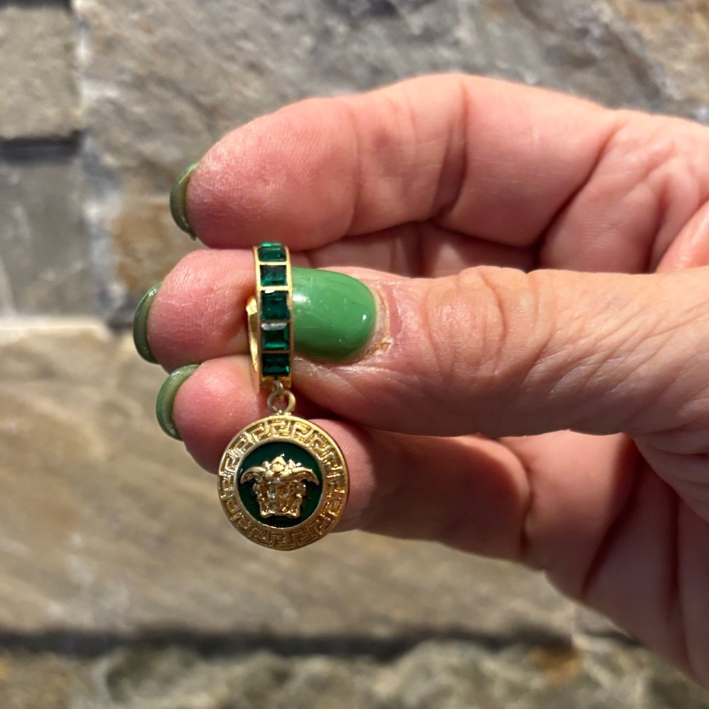 Versace Gold Tone Hoop Earrings with Green Enamel Medallions - Picture 3 of 6